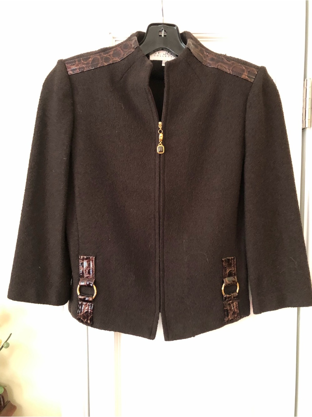 St. John Black Jacket with Croc-Trim Shoulders and Waist Tabs
